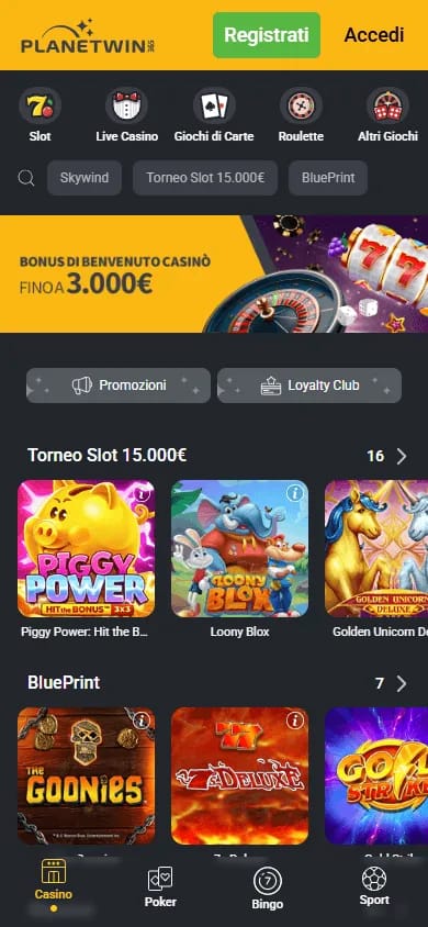 Galleria giochi casinò mobile PlanetWin365